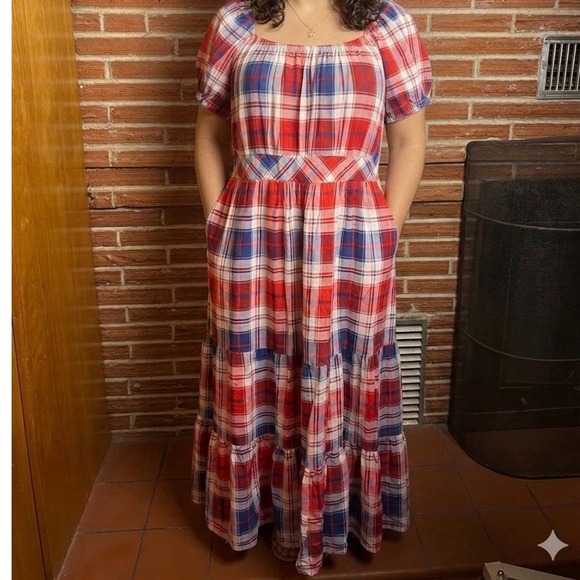 torrid Dresses & Skirts - Torrid Plaid Tiered Maxi Dress Americano R/W/B Puff Sleeve Square Neck Large